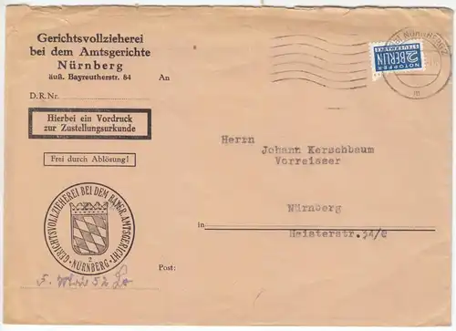 Gerichtsbrief, Gerichtsvollzieherei Nürnberg, o (13a) Nürnberg 2, 3.3.52