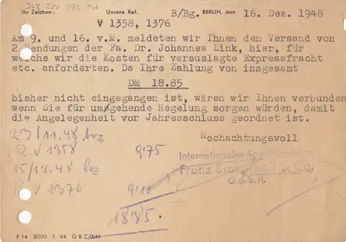 Geschäftspostkarte, Michel-Nr. SBZ 182 MiF 215, o (1) Berlin N 4, 16.12.48