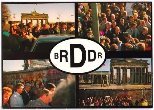 AK, Berlin Mitte, Brandenburger Tor mit geöffneten Grenzanlagen, vier Abb., 1989