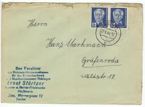 Geschäftsbrief, Michel-Nr. DDR 251 MeF, o Jena 1, 27.9.51