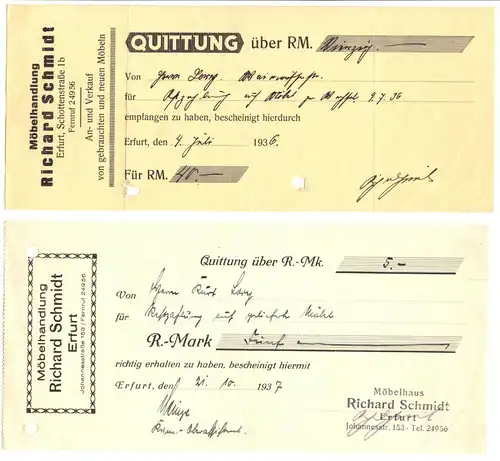 zwei Quittungen. Richard Schmidt, Möbelhandlung, Erfurt, 1936 / 1937
