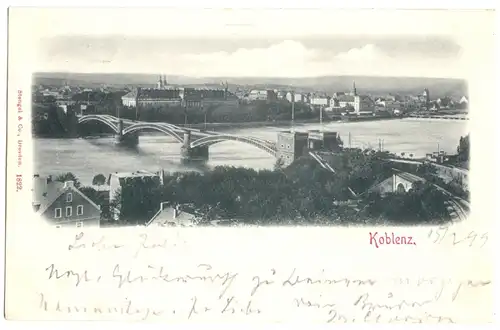 AK, Koblenz Teilansicht mit Brücke, 1899