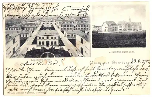 AK, Nürnberg, Krankenhäuser, zwei Abb., 1902