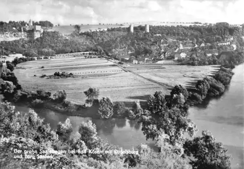 AK, Bad Kösen, Großer Saalebogen mit Rudelsburg und Burg Saaleck, 1977