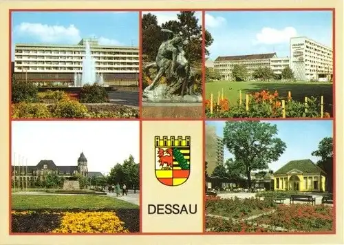 AK, Dessau, 5 Abb. u.a. Hauptpost, und Wappen, 1990