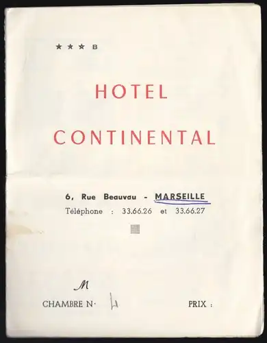 Werbeprospekt mit Innenstadtplan, Hotel Continental, Marseille, um 1965