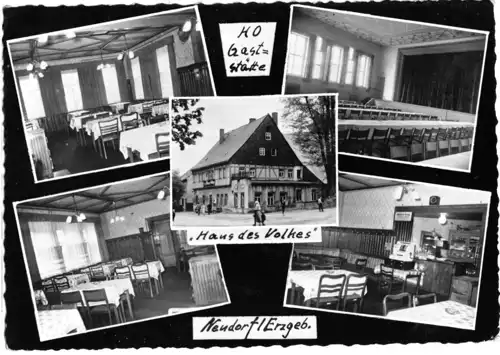 AK, Neudorf Erzgeb., HO-Gaststätte "Haus des Volkes", fünf Abb., gestaltet, 1960