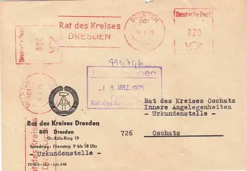 AFS, Rat des Kreises Dresden, o Dresden, 801, 14.3.75, Doppelfrankierung
