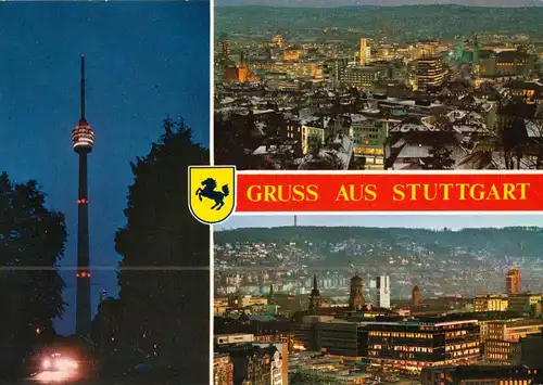 AK, Stuttgart, drei Abendansichten, 1977