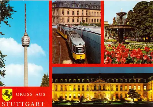 AK, Stuttgart, vier Abb., u.a. Fernsehturm und Straßenbahn, 1980