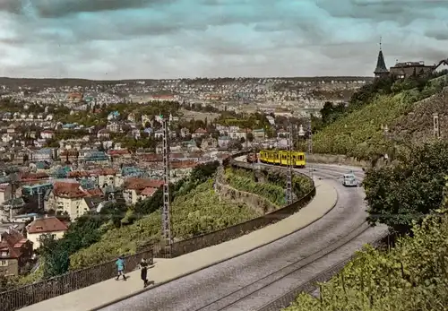 AK, Stuttgart, Neue Weinsteige, Straßenbahn, Fotokarte coloriert, um 1960