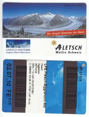 zwei Fahrkarten, LFE Fiesch-Eggishorn AG, Aletsch - Gletscher, Wallis, 2010