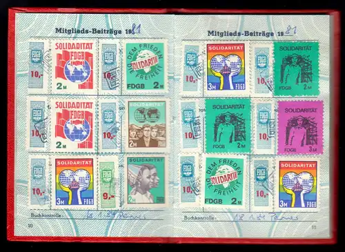 FDGB-Ausweis, mit vielen Beitrags- und Spendenmarken, 1981-1990