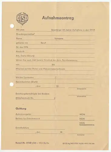 Aufnahmeantrag in der DTSB der DDR, blanko, 1966