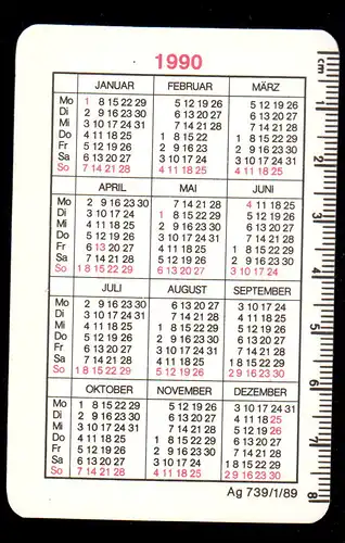 Kalender Scheckkartenformat, 1990, Werbung: Postgebühren in der DDR