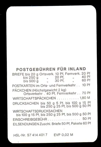 Kalender Scheckkartenformat, 1990, Werbung: Postgebühren in der DDR