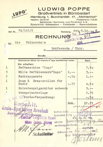 Rechnung, Ludwig Poppe, Großvertrieb in Bürobedarf, Hamburg, 1938