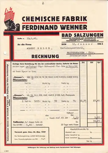Rechnung, Chemische Fabrik Ferdinand Wehner, Bad Salzungen, 19.1.42