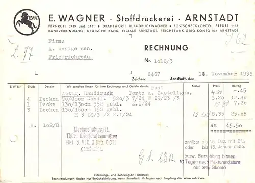 Rechnung, Fa. E. Wagner, Stoffdruckerei, Arnstadt, 1939