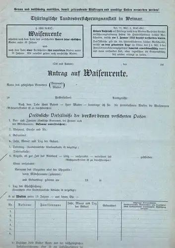 Thüringische Landesversicherungsanstalt Weimar, Antrag  auf Waisenrente, 1916