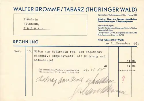 Rechnung, Walter Bromme, Tabarz (Thür. Wald), Bauklempnerei, 10.12.1950