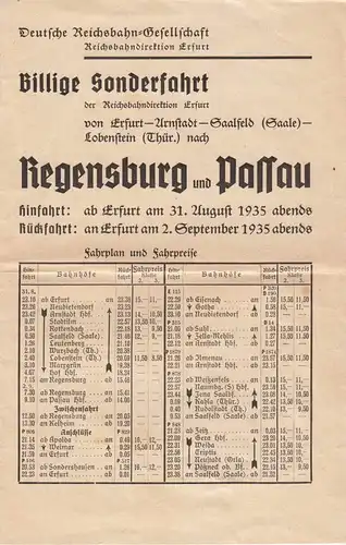 tour. Prospekt, Reichsbahn-Sonderfahrt Erfurt - Regensburg - Passau, 1935