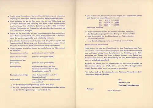 Unterlagen zur Bestellung von DDR-Sondermarken bei der Post der DDR, 1978