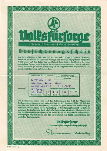 drei Versicherungsscheine, Volksfürsorge, 1936, 1938, 1941 + Umschlag