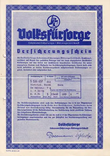 drei Versicherungsscheine, Volksfürsorge, 1936, 1938, 1941 + Umschlag