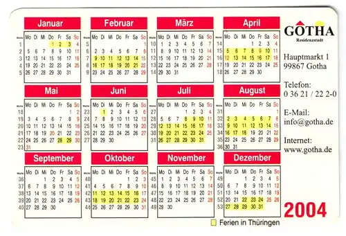 Kalender Scheckkartenformat, 2004, Werbung: Entdecken Sie Gothas Unterwelt