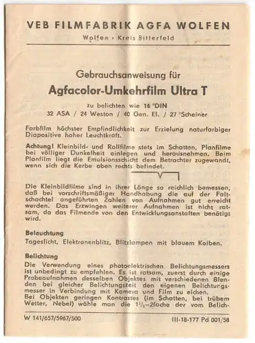 Filmfabrik Agfa Wolfen, Gebrauchsanweisung Agfacolor-Umkehrfilm Ultra T, 1958