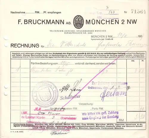 Rechnung, Fa. F. Bruckmann AG, München 2 NW, 12.2.37