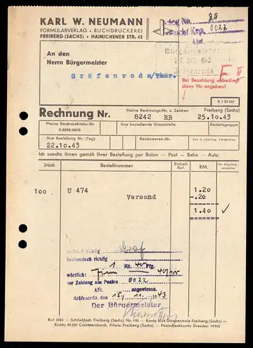 Rechnung, Karl W. Neumann, Formularverlag, Freiberg Sachs., 25.10.43