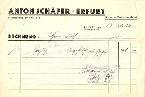 Rechnung, Moderne Maßschneiderei Anton Schäfer, Erfurt, 1936