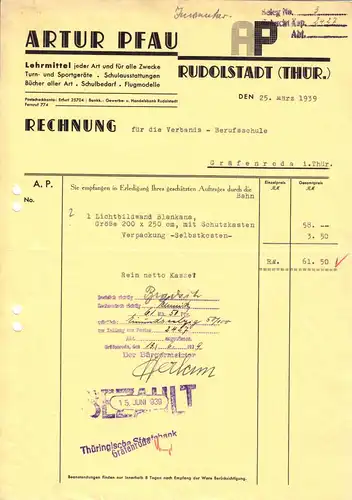 Rechnung, Arthur Pfau, Lehrmittel, Rudolstadt Thür., 25.03.1939