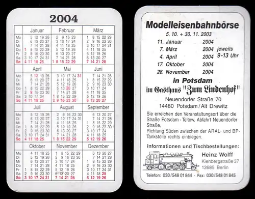 Kalender Scheckkartenformat, 2004, Werbung: Modellbahnbörse in Potsdam Drewitz
