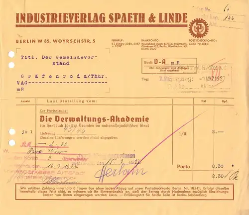 Rechnung, Industrieverleg Spaeth & Linde, Berlin W 35, 1937