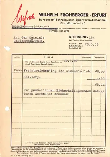 Rechnung, Wilhelm Frohberger, Erfurt, Bürobedarf, Schreibwaren ..., 25.5.59