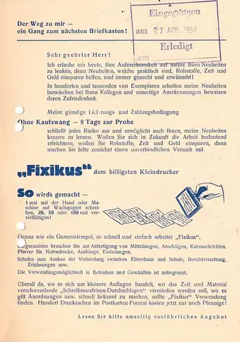 Werbezettel, Neuheiten - Seiffert, Pößneck Thür., 1954, u.a. für Füllhalter