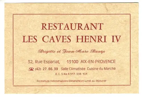 Werbekarte, Aix-en-Provence, Restaurant  les Caves Henri IV, um 2000