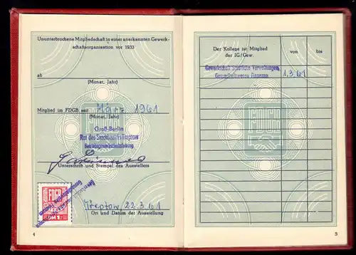 FDGB-Ausweis, mit vielen Beitrags- und Spendenmarken, 1961 - 1970