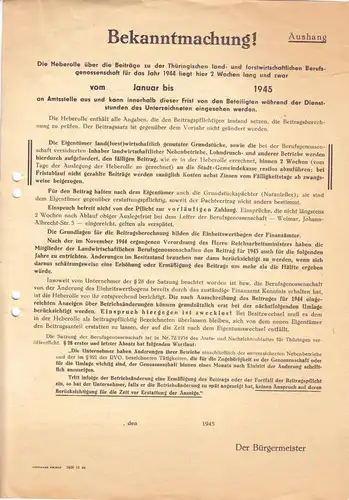 Bekanntmachung über Beiträge zur Berufsgenossenschaft Thüringens von Januar 1945