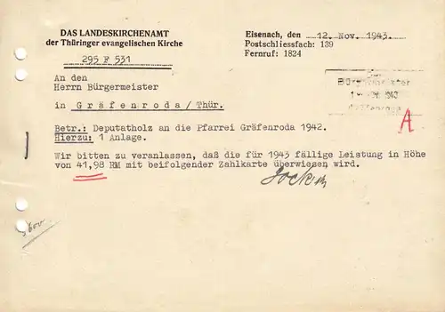 Anschreiben, Landeskirchenamt d. Thüringer ev. Kirche, Eisenach, 12.11.1943