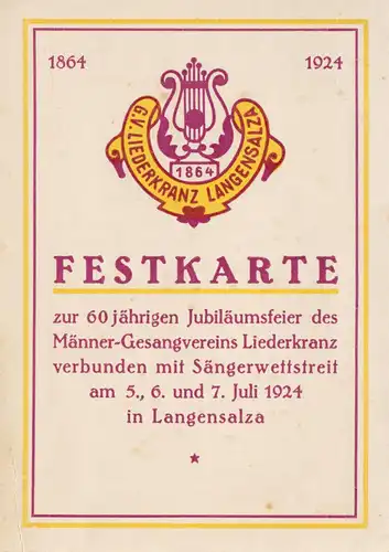 Festkarte, 60 Jahre Männer-Gesangverein Liederkranz, Langensalza, Juli 1924