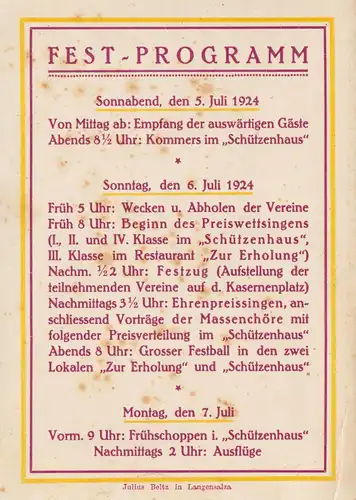 Festkarte, 60 Jahre Männer-Gesangverein Liederkranz, Langensalza, Juli 1924