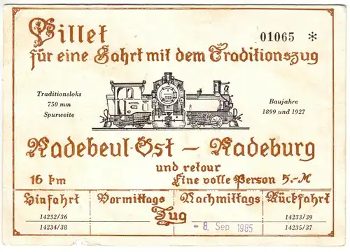 Billet für eine Fahrt mit dem Traditionszug Radebeul-Ost - Radeburg, 1985