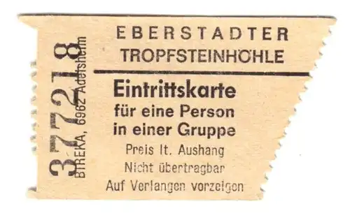 Eintrittskarte, Eberstadter Tropfsteinhöhle, 1985