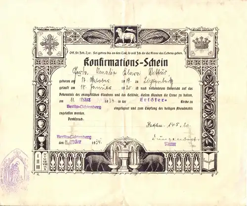 Konfirmations-Schein, Erlöserkirche Berlin Lichtenberg, 11.3.34