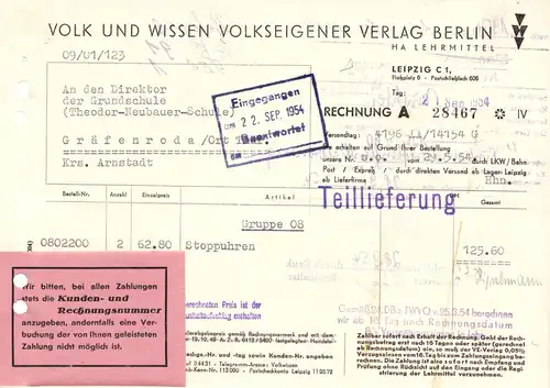 Rechnung, Volk und Wissen Volkseigener Verlag Berlin, HA Lehrmittel, 29.5.54