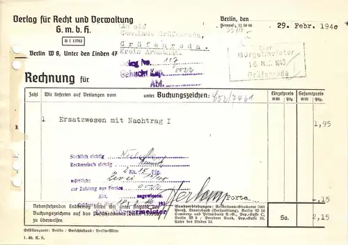 Rechnung, Verlag für Recht und Verwaltung GmbH, Berlin W 8, 29.02.1940